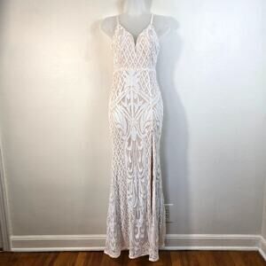 Lulus Destined for Romance Maxi Dress Women's XS Beige White Sequin Bridal